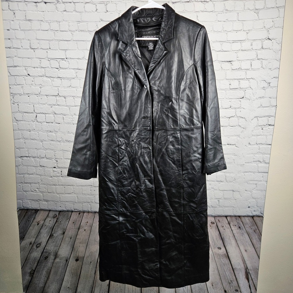 Centigrade Leather Black Long Trench Coat Jacket Womens Small Matrix Goth Coat
